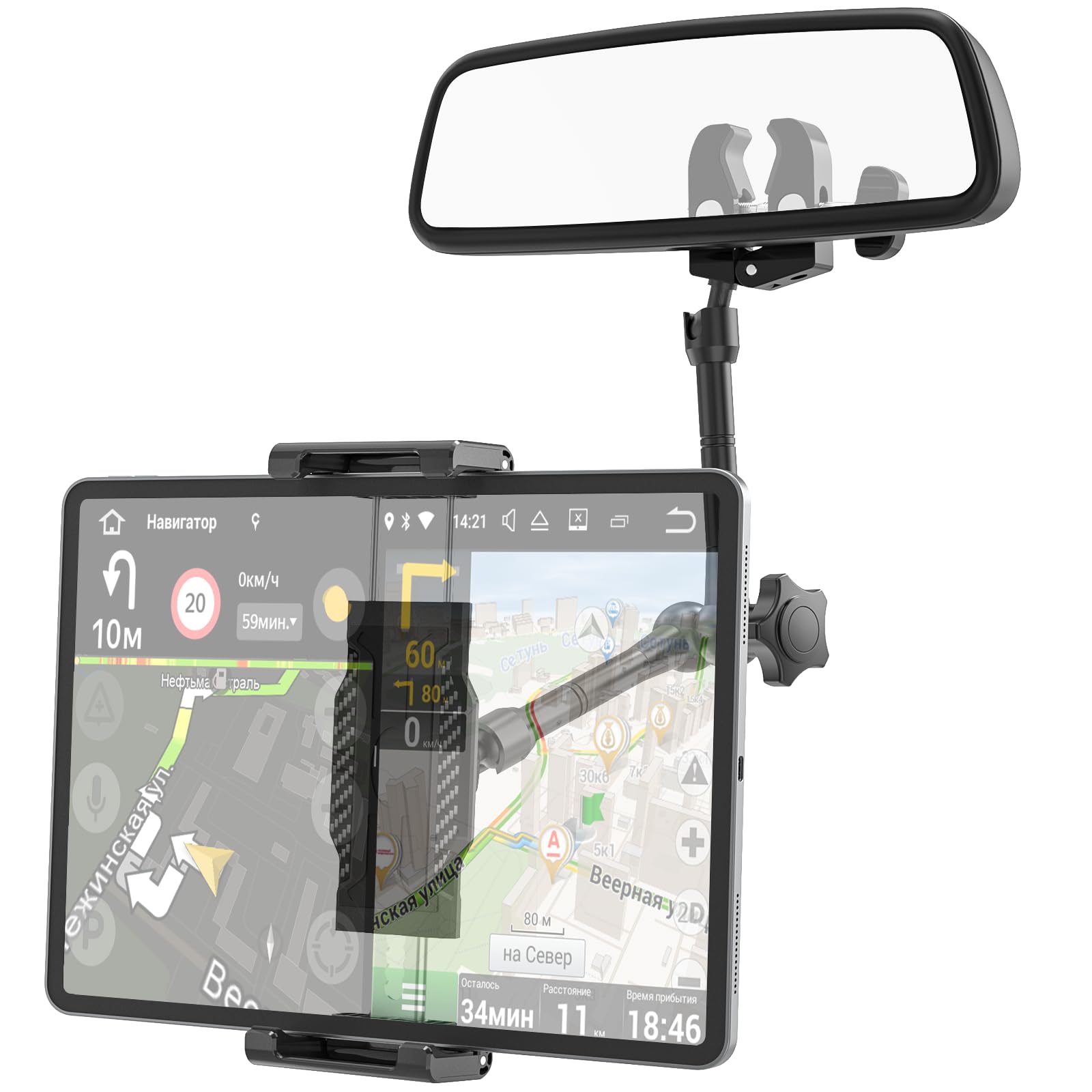 Photo 1 of Rearview Mirror Tablet Holder- Metal Long Arm 360° Rotation and Folding, Rear View Mirror Tablet Holder, Fit Thick Cases (Deep Max 1.18'') for iPad Pro Air Mini, Galaxy Tab, iPhone, 6-15.6'' Devices