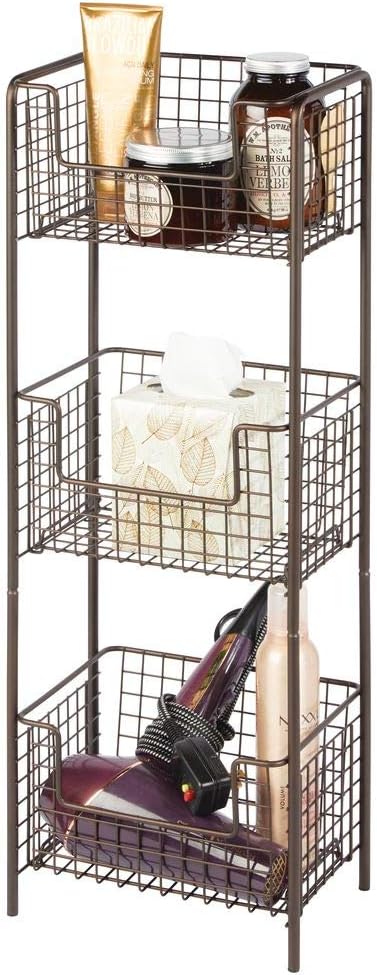 mDesign 3 Tier Vertical Standing Bathroom Shelving Unit, Decorative Metal Storage Organizer Tower Rack with 3 Basket Bins to Hold and Organize Bath Towels, Hand Soap, Toiletries - Bronze: Kitchen & Dining