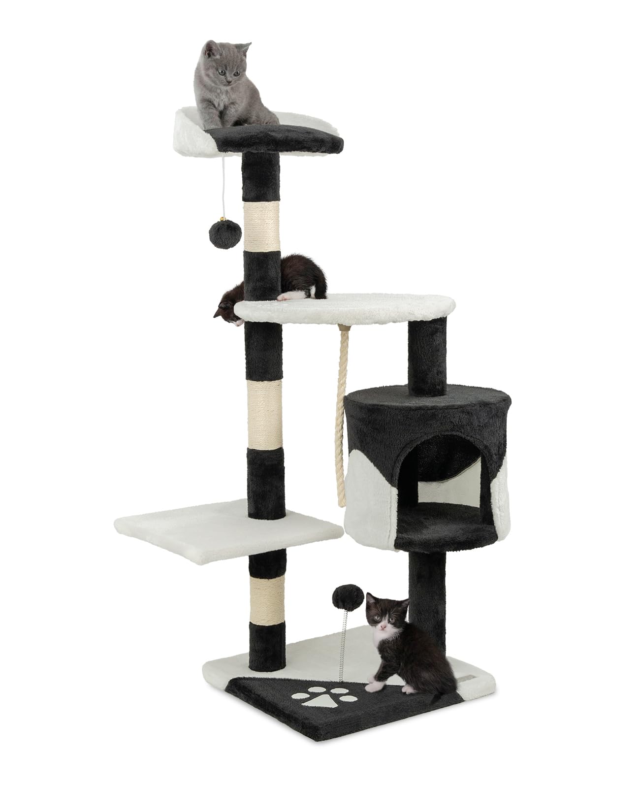 lionto Scratching tree for cats with 2 plush balls & play rope, height 112 cm, cat tree with sisal rope & plush, cozy lying area & cave, incl. wall mount, for small & large cats, black/white