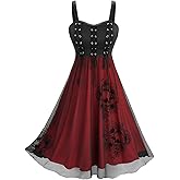 DRESSFO Women's Gothic Skull Rose Tank Dress – Flocking Lace-Up A-Line Dress with Grommets and Lace Trim
