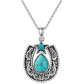 Lvoryance Western Gift Vintage Horseshoe with Natural Turquoise Necklace 925 Sterling Silver Horseshoe Necklace with 18+2 inch Chain for Cowgirl Women (Gift Box)