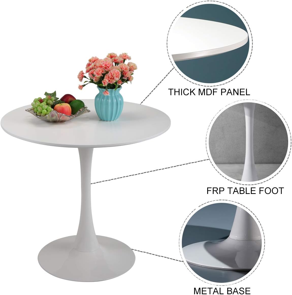 BWM.Co 32" Round Top Dining Table Tulip Mid-Century Style Diameter Pedestal Table, White - Tables