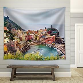Vernazza in Cinque Terre, Italy, View from Mountain Trekking Path - Fabric Wall Tapestry Home Decor - 51x60 inches