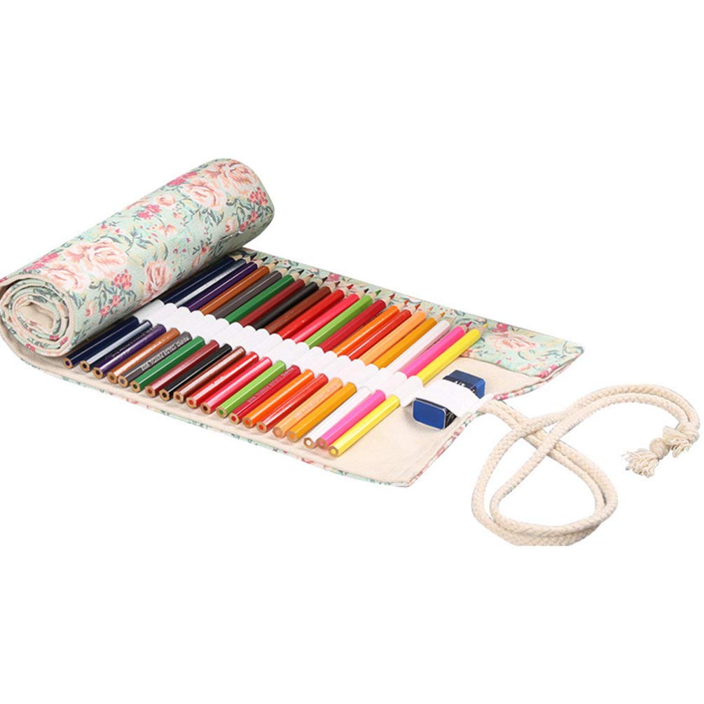 NUOBESTY Floral Canvas Pencil Wrap Holes Travel Pen Bag Colouring Pencil Roll Up Case Pen Storage Pouch Organizer for School Office Art Craft