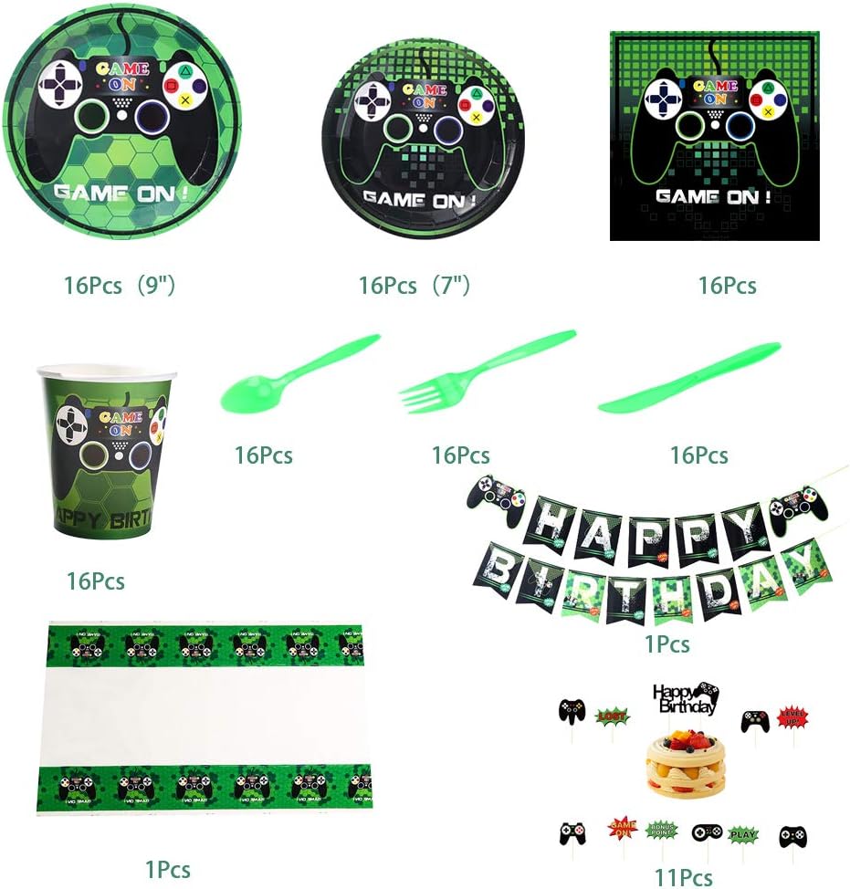 125PCS Video Game Party Supplies, Amycute Boys Video Game Themed Party Supplies Room Decor Set with Birthday Banner, Plates, Cups, Napkins, Tablecloth for Boys Kids Video Game Birthday - Serves 16: Kitchen & Dining