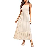 DUKAKII Women's Solid Color Sundress Summer Boho Square Neck Long Dress Spaghetti Strap Back Elastic A line Maxi Dresses