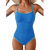 Eomenie Women's One Piece Swimsuit Tummy Control Slimming Bathing Suit Ruched Swimwear Tie Back Shell Stitch Swim Suit