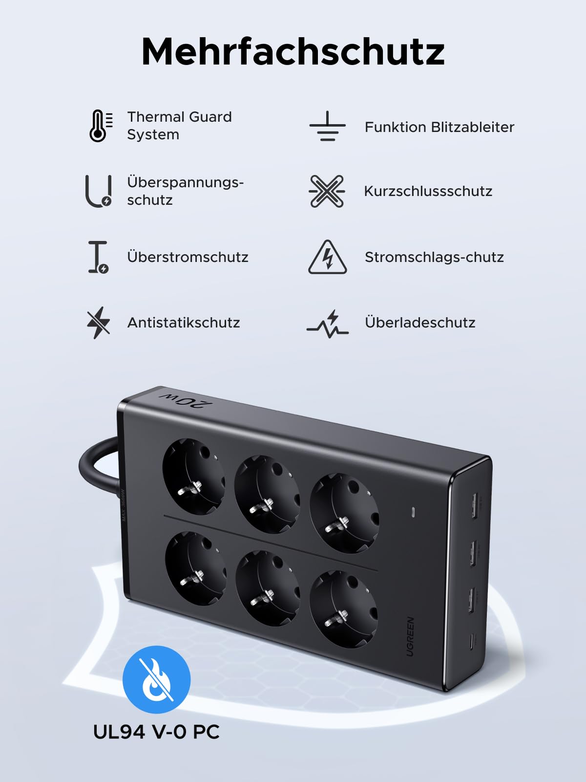 UGREEN Steckdosenleiste mit USB, 10-in-1 Mehrfachsteckdose mit Schalter, 20W Schnellladen USB C, 3680W Steckdosenwürfel mit Überspannungsschutz, Gesamtlänge 1,5 m, für Schreibtische, Büros 5