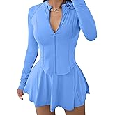 Vssjavun Women 2 Piece Mini Skirt Sets with Long Sleeve Zipper Workout Jacket Sweatsuit Tracksuit Tennis Outfits