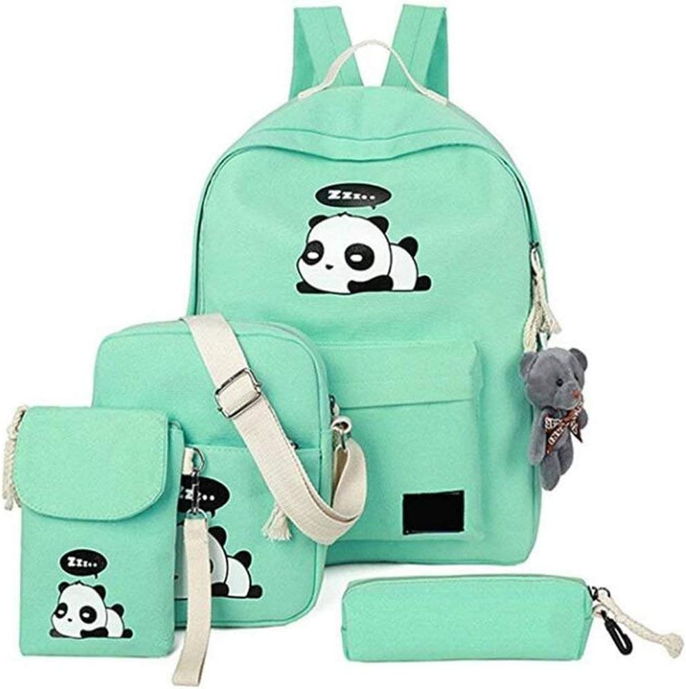 Huaaag 5 Panda Schoolbag Cute Canvas School Backpack+Crossbody Bag+Shoulder Bag+Teen Pencil Case Girl Boy,Cute Panda Backpack Lightweight Backpack (5 Colors),Green