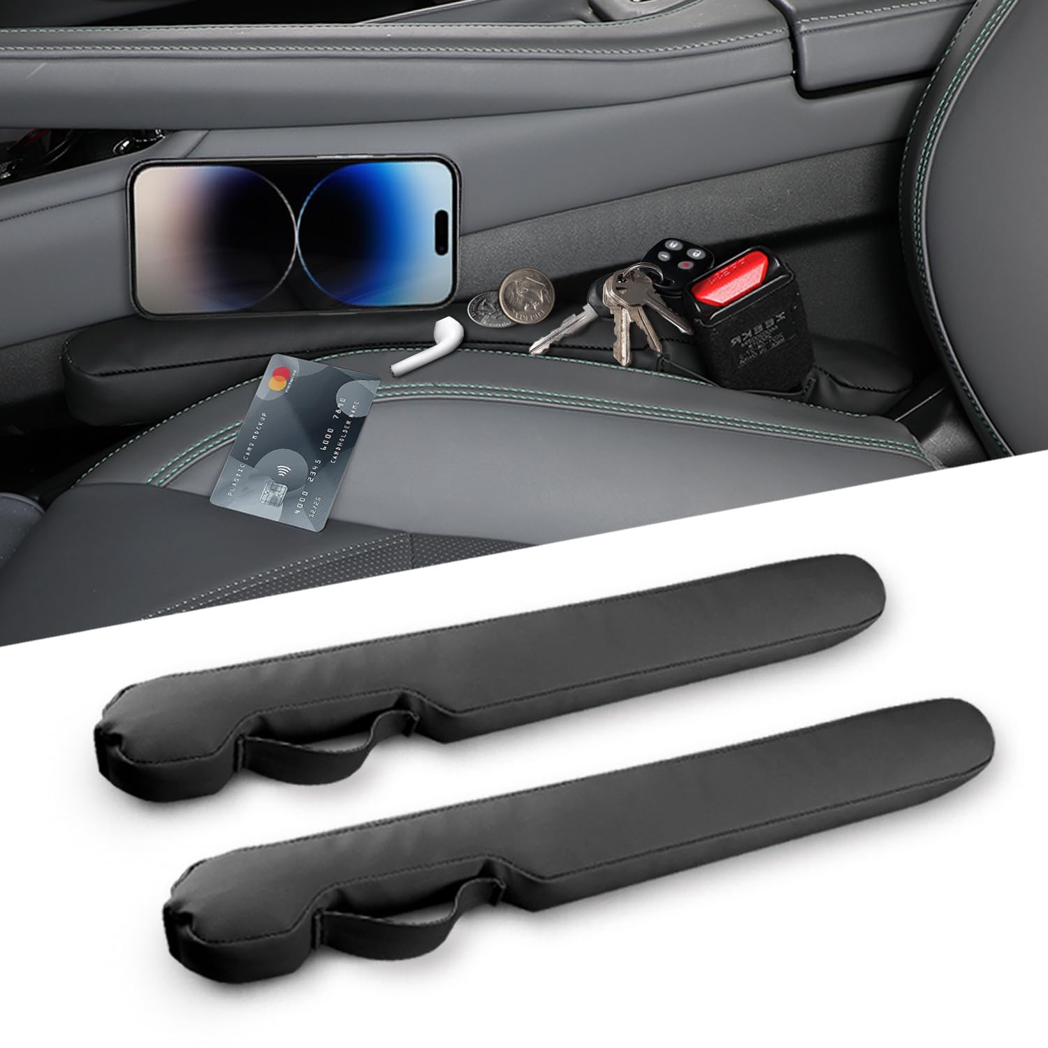 Photo 1 of Homaupt Leather Car Seat Gap Filler Universal for Car Truck SUV to Block The Gap Between Seat and Console Stop Things from Dropping 2 Sets Black