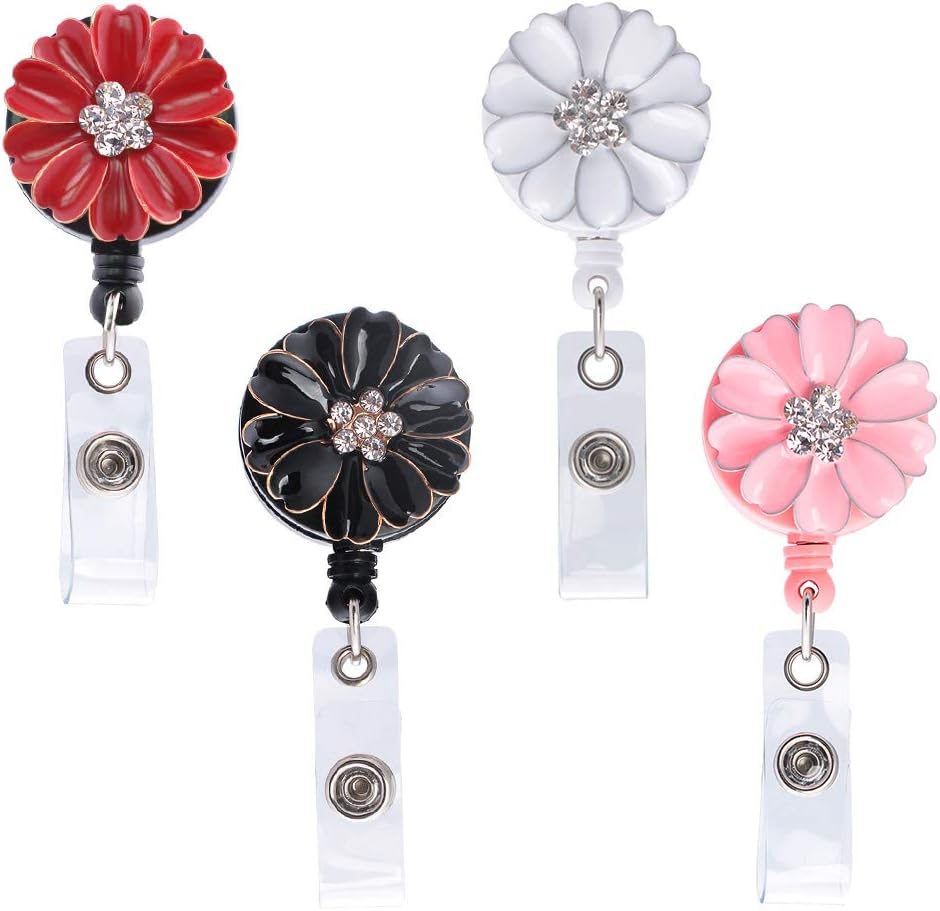 Soleebee 24'' Retractable Badge Reels, Camellia Crystal Nurse ID Badge Holder with 360° Swivel Alligator Clip - 4 Pack