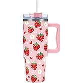 FYSUIMU Strawberry Tumbler with Handle Straw and Lid 40oz Red Pink Strawberry Flower Stainless Steel Cup Travel Coffee Tumbler Cup for Home Office Holiday Birthday
