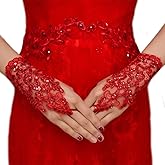 Latious Wedding Bride Lace Gloves Fingerless Bridal Gloves Red Rhinestone Glove Short Party Prom Glove Accessories for Women and Brides