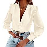 Women's Business Casual Tops Satin Silk Long Sleeve Button Down Shirts V Neck Chiffon Work Blouses