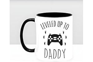 New Dad Mug - “Leveled Up to Daddy” First Father’s Day Pregnancy Congratulations Gift for Dad to Be, 11oz Ceramic Coffee Cup,