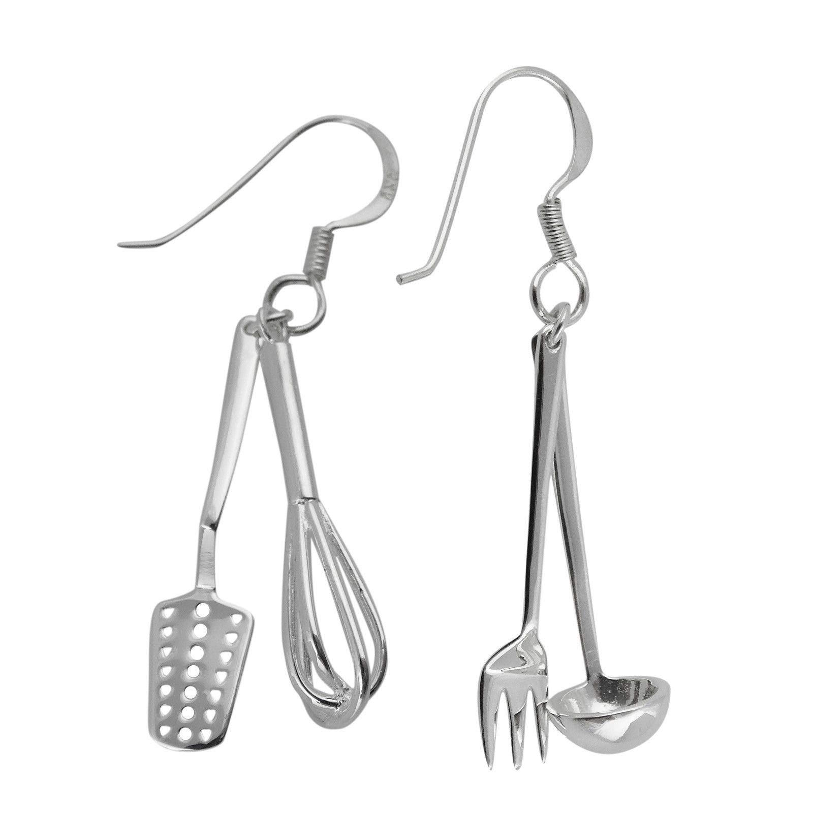 Sterling Silver Kitchen Cooking Utensil Dangle Earrings with French Ear Wires, Utensils, Sterling Silver