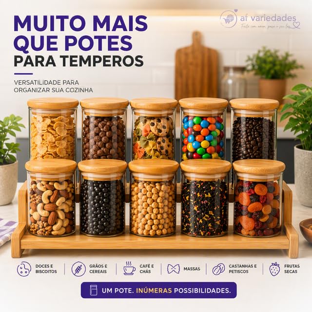 Kit 10 Potes Herméticos de Vidro 250 ml com Tampa de Bambu Redondo | Conjunto de Porta Mantimentos | Organizador de Cozinha com Vedação de Silicone para Temperos, Grãos, Café, Açúcar e Alimentos
