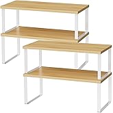 OGEMXU Cabinet Shelf Organizers, 15.7 inches Large Kitchen Counter Shelf, Set of 4 Wood Kitchen Pantry Organizer, Storage Shelves for Countertop, Spice Rack, Stackable, Expandable, Metal White, Nature