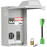 RVGUARD Temporary Power Outlet Panel with Breaker, ETL Listed 20 50 Amp Receptacle, Type 3R Electrical Outlet Panel with 20 Amp 90 Degree Adapter Cord for RV, Camper, Travel Trailer