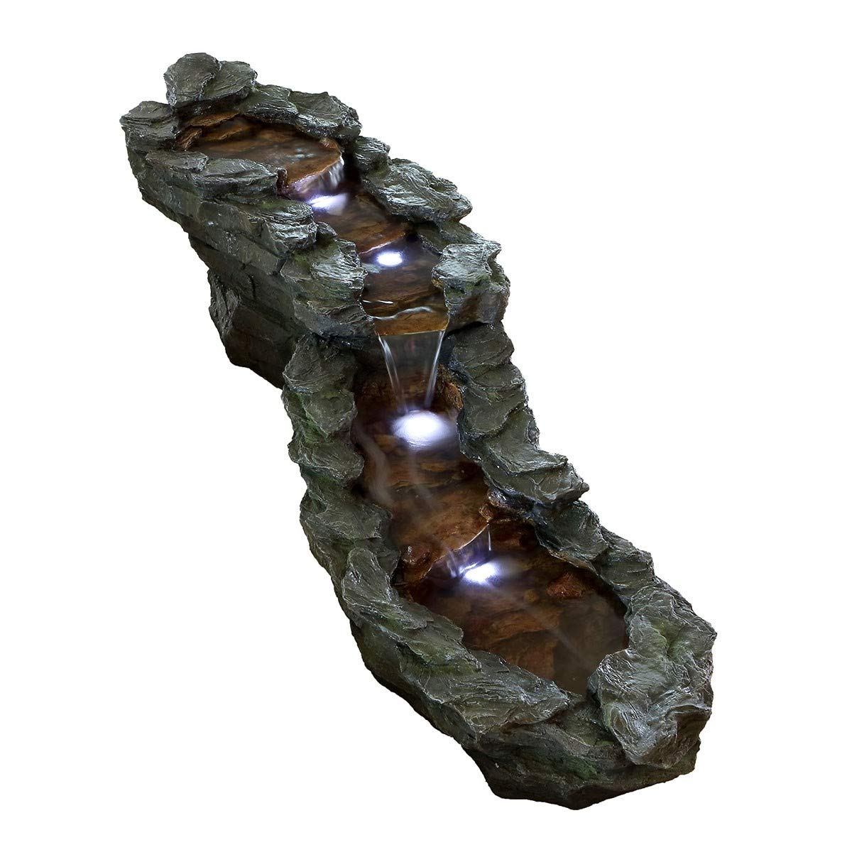 Photo 1 of **MISSING POWER PLUG**Alpine Corporation TZL240 76" Long Outdoor Tiered Rocky River Stream Water Fountain with Color-Changing LED Lights for Patio, Yard and Backyard Decor, Brown
