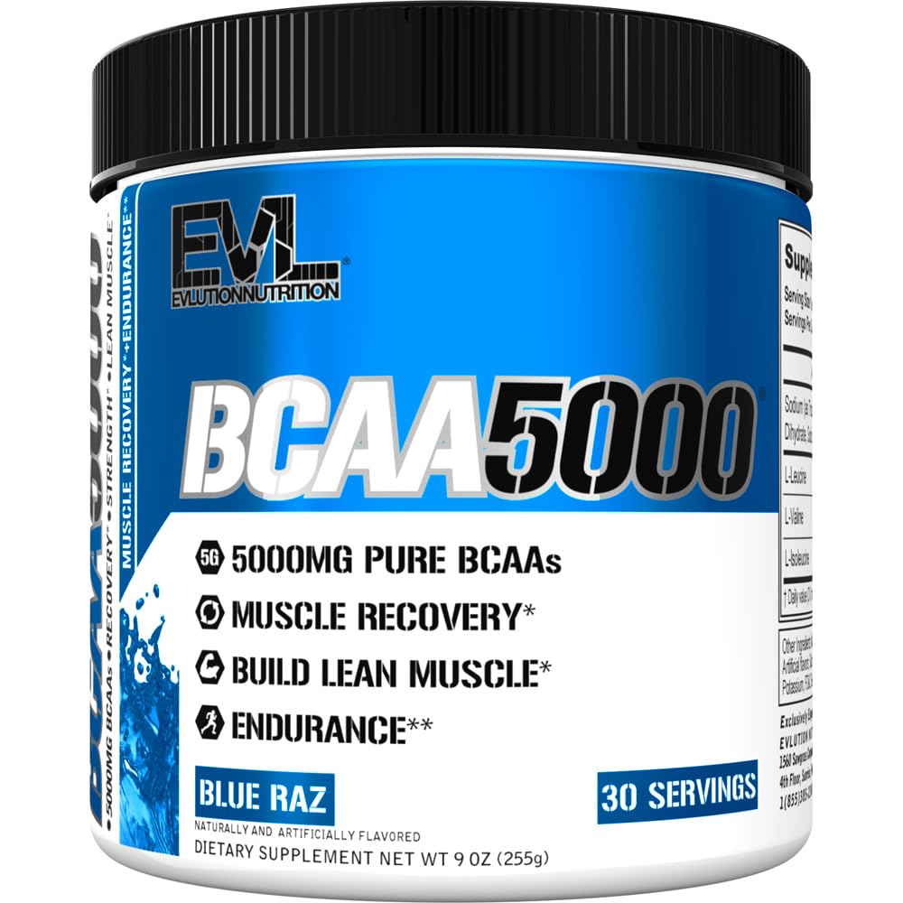 Evlution EVL BCAAs Amino Acids Powder - BCAA Powder Post Workout Recovery Drink and Stim Free Pre Workout Energy - 5g Branched Chain Amino Acids Supplement for Men - Blue Raz