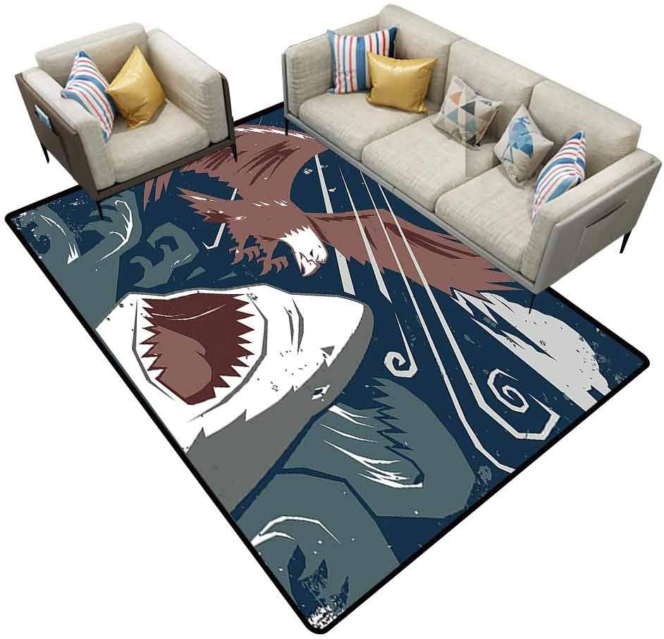 Classroom Carpet Sea Animal Decor Modern Murky Motley of The Battle of Shark vs. Eagle Attack Fight Power Brown Blue Outdoor Rugs for patios Area 5'x7'