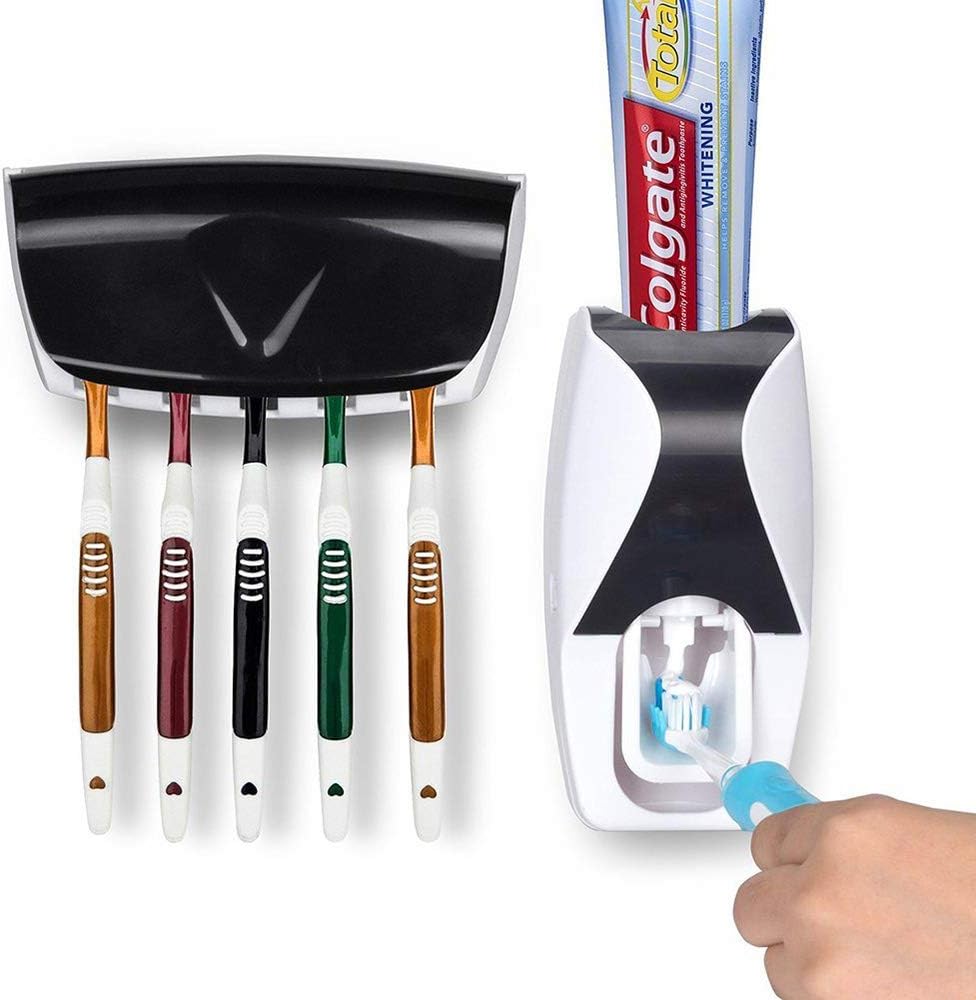 Taoya Automatic Toothpaste Dispenser and Toothbrush Holder Sets with Wall Mount Kids Hands Free Toothpaste Squeezer for Bathroom Organizer Black