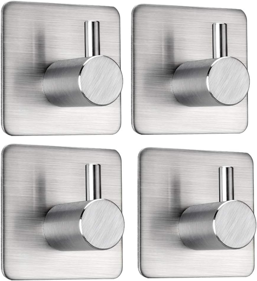 FOTYRIG Self Adhesive Hooks Heavy Duty Stick on Coat Hooks Strong Sticky Wall Hangers for Hanging Bathroom Home Kitchen Stainless Steel -4 Packs