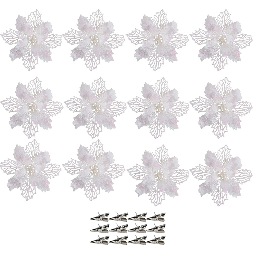 SECALIFE 12 Pcs Christmas Flowers Large (16CM) Poinsettia Christmas Glitter Flower Artificial Flowers with Clips for Christmas Tree Wreath Hanging Party Xmas DIY Decor, White
