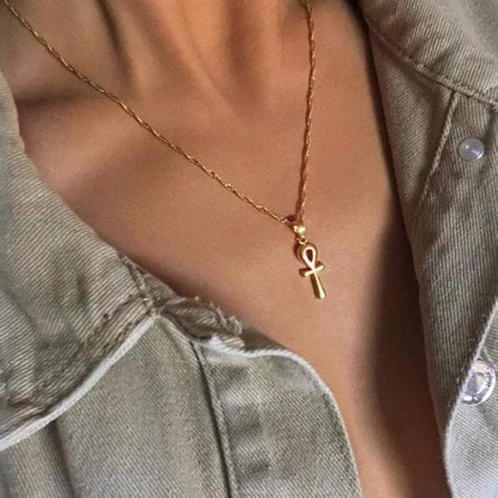 TseenYi Ankh Pendant Necklace Gold Hallmarked Key Necklace Choker Key Cross Protection Necklaces Chain Jewelry for Women and Girls (Gold)