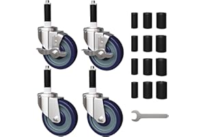 MSWY 5 inch Expanding Stem Caster Set of 4, Prep Table Casters Fit 7/8" to 1-3/4" ID Tube Pipe Legs for Stainless Steel Table, Equipment Stand, Carts, Wire Shelving Racks (2 with Brakes