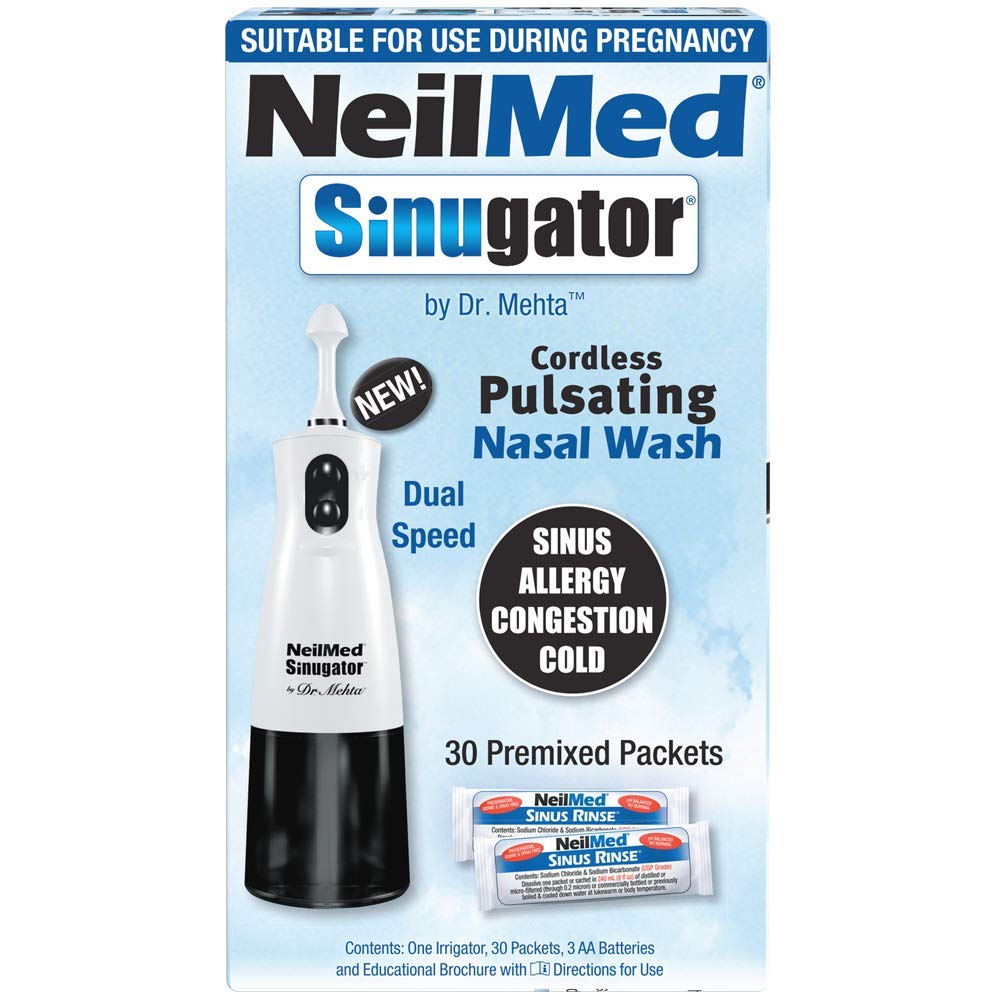 NeilMed Sinugator Cordless Pulsating Nasal Irrigator (Dual Speed) with 30 Premixed Packets and 3 AA Batteries - Black (Pack of 1)