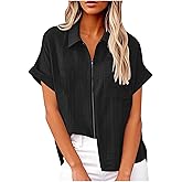 Womens Summer Shirts Cotton Linen Lapel Collar Short Sleeve Full Zipper Blouses Fashion Casual Tops with Pockets