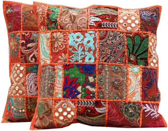 Virasat export Handmade Indian khambariya Cushion Cover Vintage Boho Pillow Cases Orange (Set of 2 PC's)