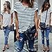 Women's Round Neck Black and White Striped Short Sleeve Shirt Top
