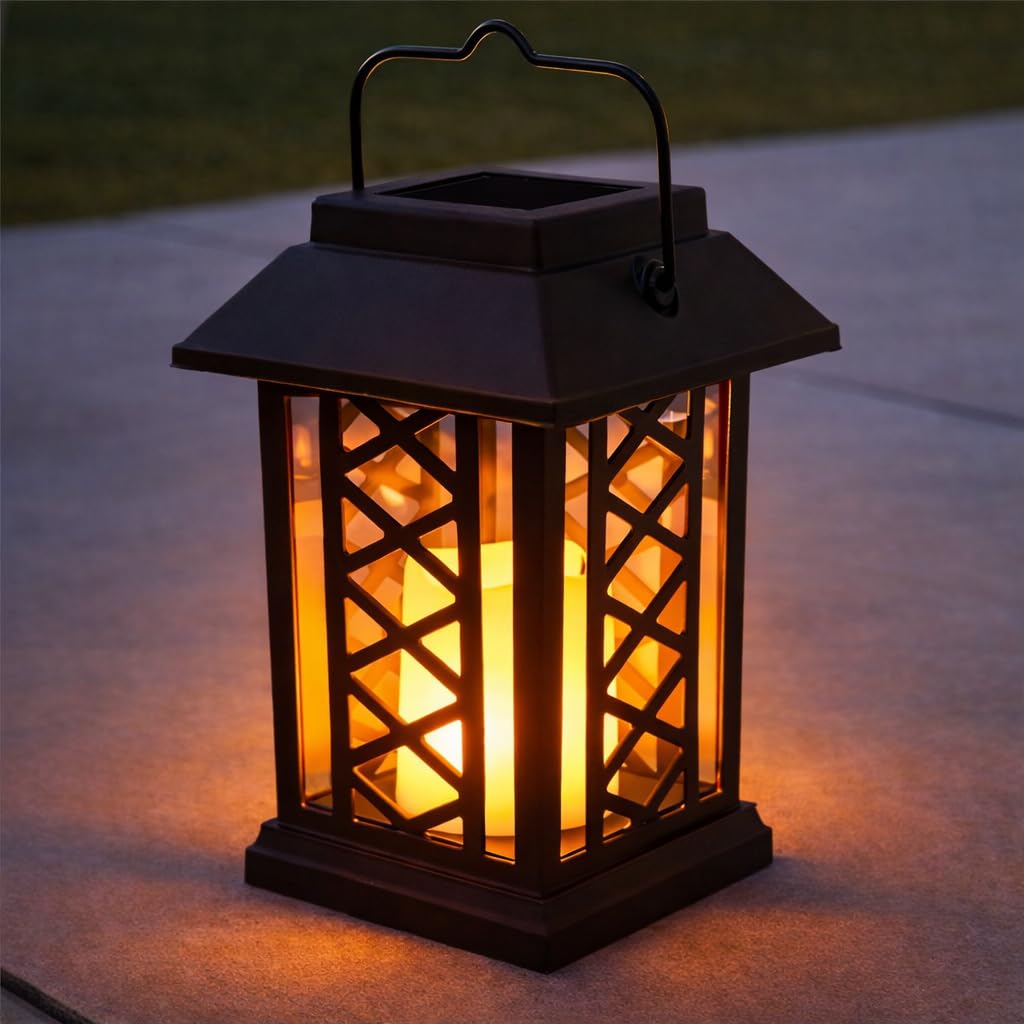 Festive Lights - 17.5cm Realistic Solar Power Candle Lantern – Black, Flickering Amber LED – Outdoor Hanging, Table Light – Waterproof Garden, Patio & Decking Decoration – IP44 Rated, Energy-Efficient