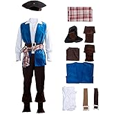 Bacmaze Pirate Costume Men Cosplay Pirate Outfit Halloween Adult Captain Shirt Pants Belt Dress Up Full Suit 9 Pcs