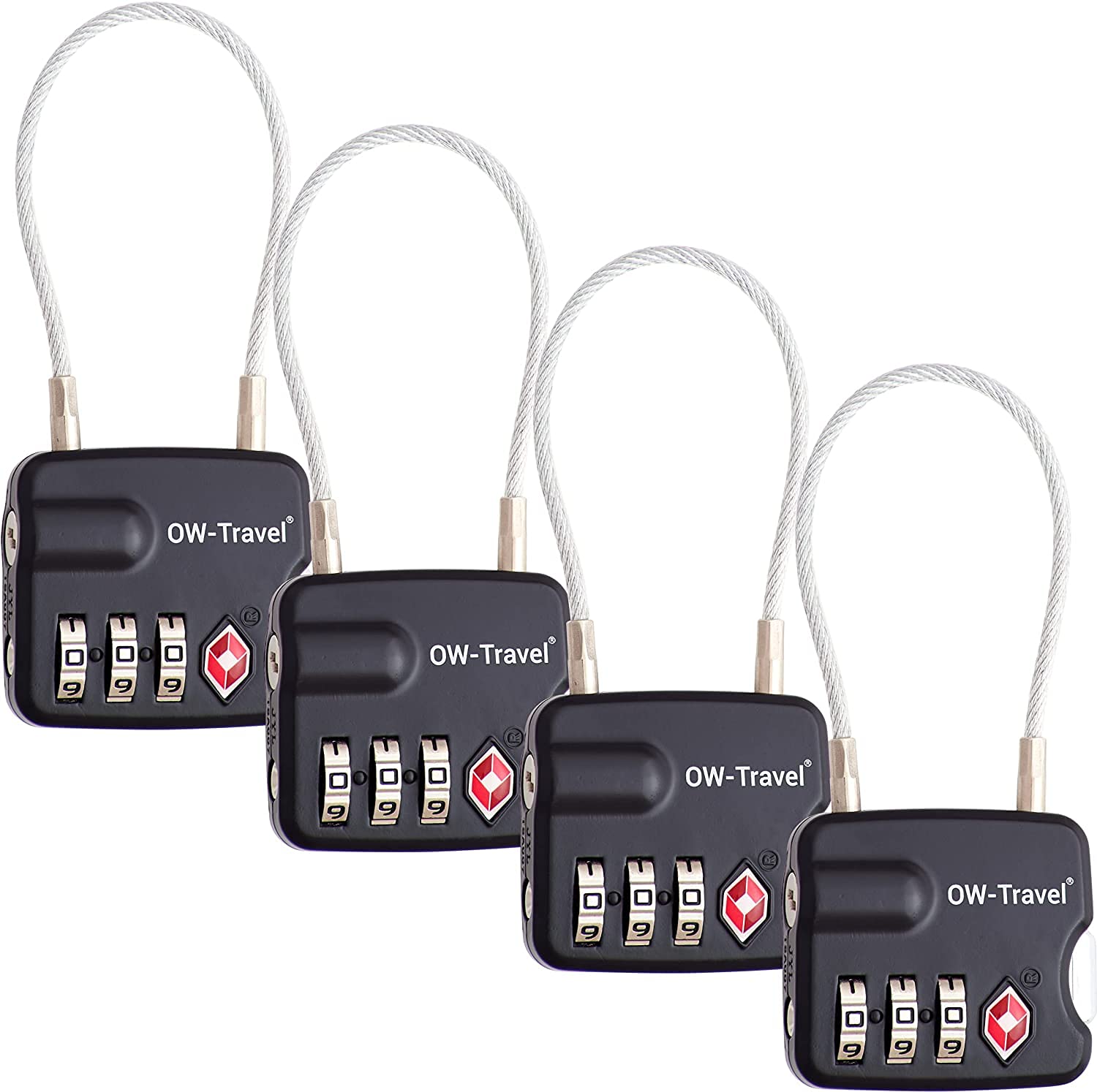 OW-Travel TSA Approved Luggage Locks Suitcase Locks (4 Pack Black) 3 Digit Flexible Cable Suitcase Padlock. Travel Bag Combination Luggage Padlocks for Suitcases. TSA Travel Lock for Bags and Cases