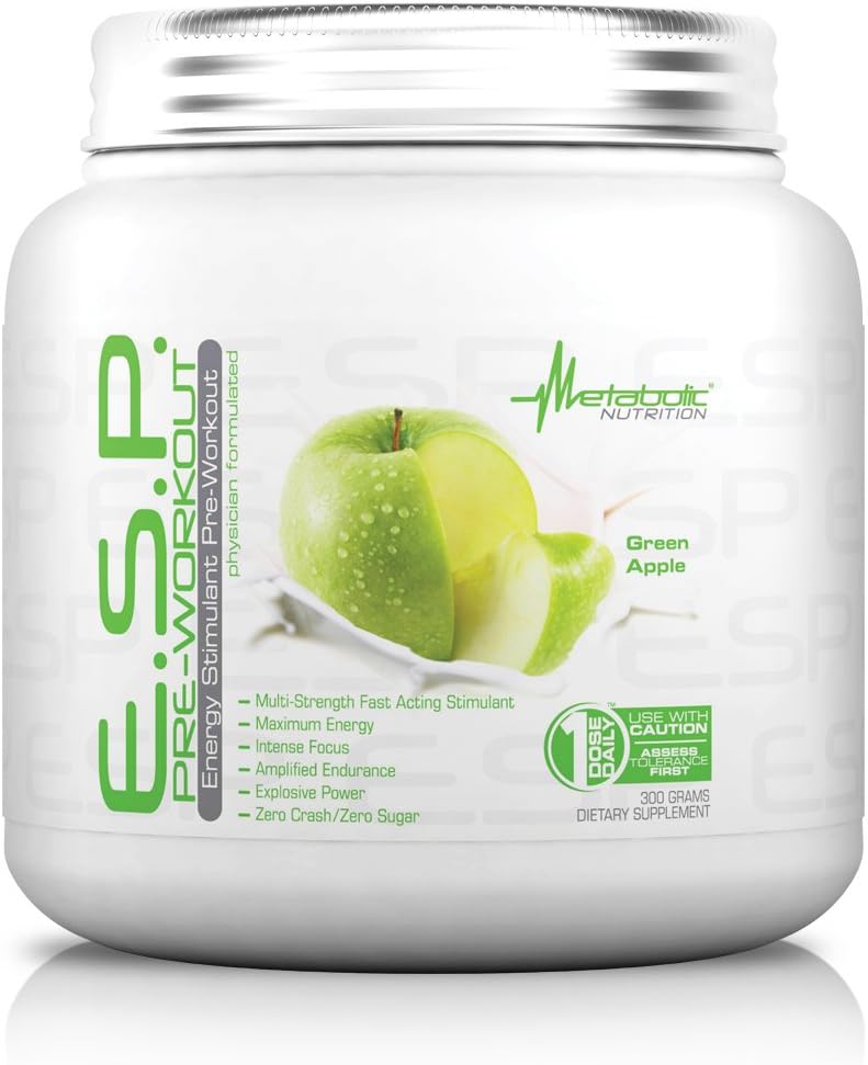 Metabolic Nutrition, ESP, Energy and Endurance Stimulating Pre Workout, Pre Intra Workout, High Energy and Mental Focus, Stimulating Workout Supplement, Green Apple, 300 Grams (90 Servings)