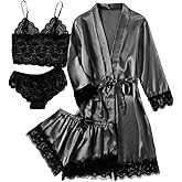 LYANER Women's 4pcs Sleepwear Satin Floral Lace Trim Cami Pajama Set with Robe