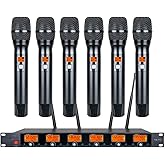 Tbaxo Wireless Microphone System 6-Channel Whole Metal Mic Hand-held Microphones UHF for Karaoke Wedding Party School Church
