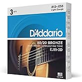 D'Addario EJ11-3D 80/20 Bronze Acoustic Guitar Strings, Light 12-53, 3 Sets | Bright projecting 80/20 bronze acoustic guitar strings deliver crisp tone, reliable performance, and comfortable playability