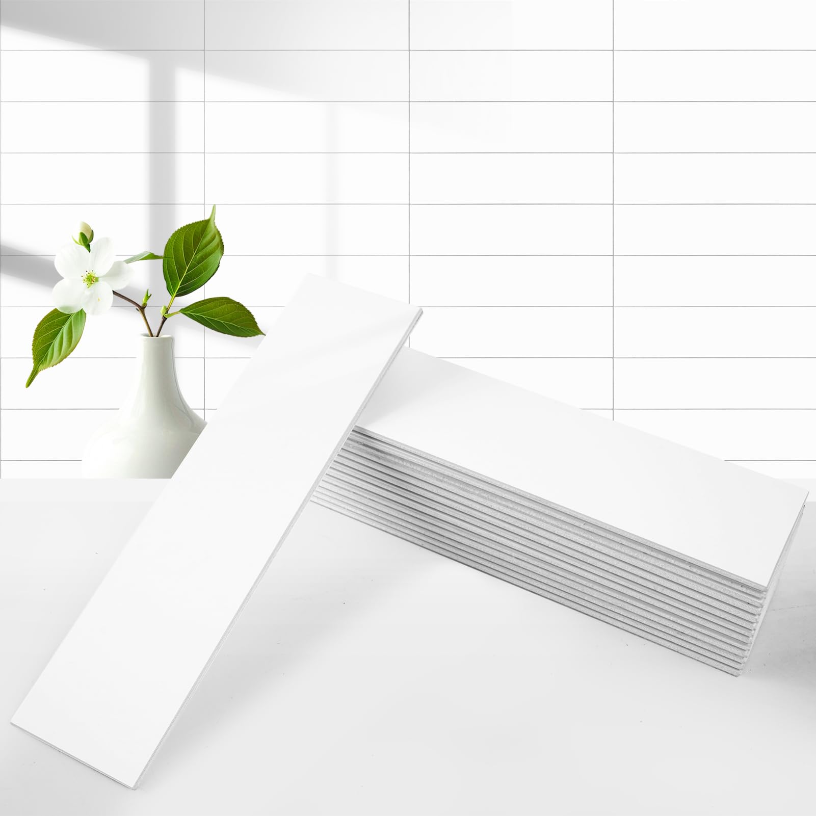 Photo 1 of OYASIMI Thick PVC Peel and Stick Backsplash, Polished White Subway Tiles Peel and Stick Wall Tiles, Pack of 4