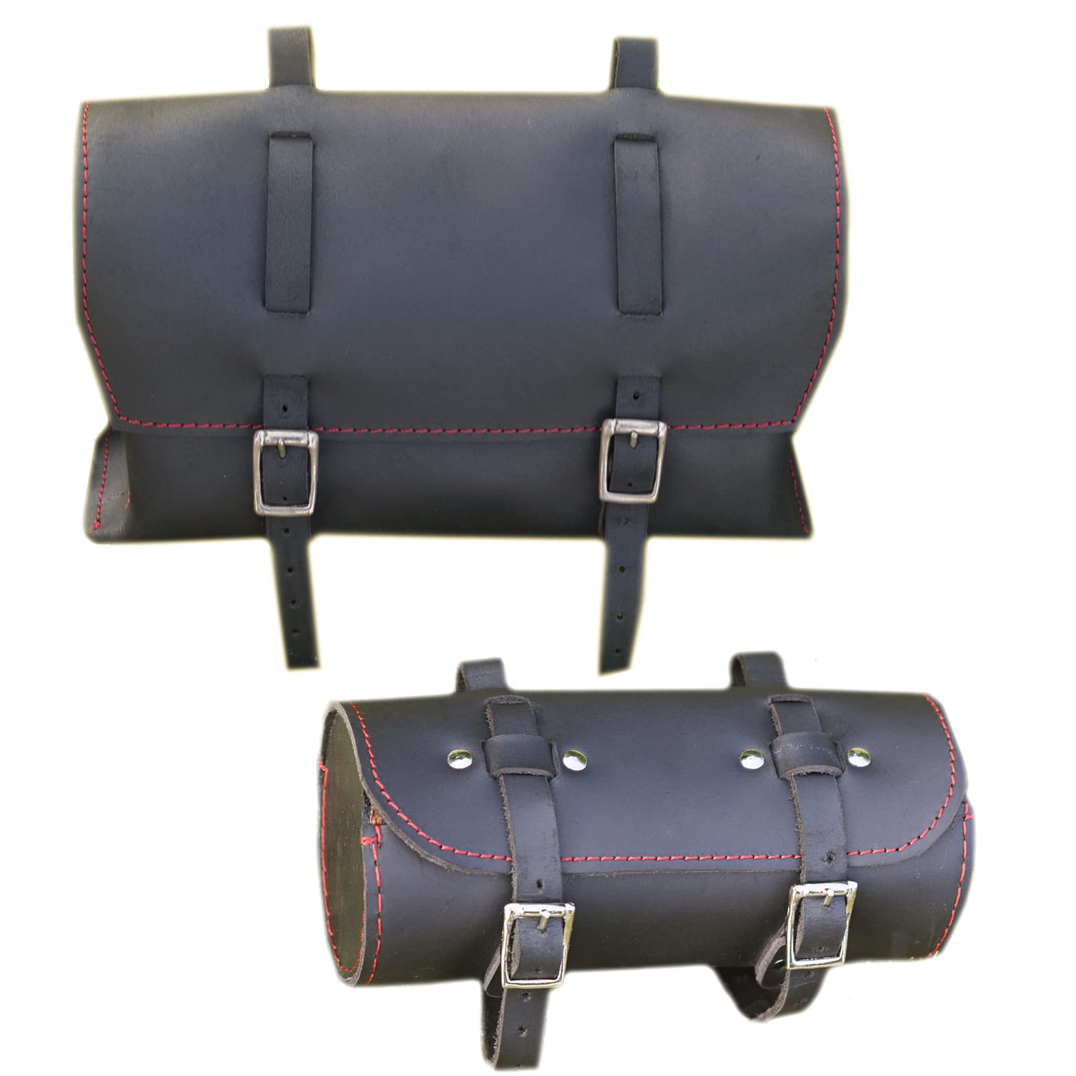 2 in 1 Bike Leather Bag Set (Saddle Handlebar bags) in BLACK RED