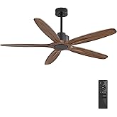 WINGBO 54 Inch Ceiling Fan without Light - 5 Carved Solid Wood Blades, 6-Speed Reversible DC Motor, Noiseless Remote Control Ceiling Fan No Light for Bedroom Living Room Kitchen, Black and Wood