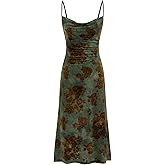 CIDER Womens Velvet Dress Floral Sleeveless Spaghetti Strap Ruched Midi Club Party Wedding Guest Dresses