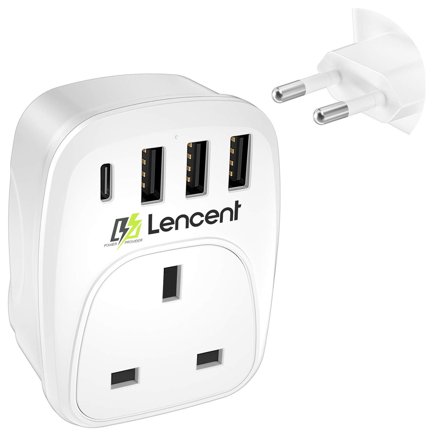 LENCENT UK to European Plug Adapter, EU Euro Europe European Travel Adapter with 3 USB Ports(1 USB C), UK to EU Plug Adapter for Italy Germany France Iceland Poland Spain Russia and More (Type C E F)