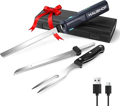 HAUSHOF Cordless Electric Carving Knife Set 8V with 2 Blades & Fork