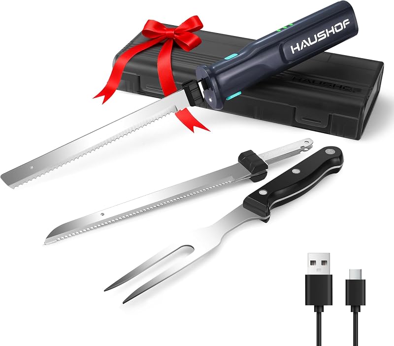 HAUSHOF Cordless Electric Carving Knife Set 8V with 2 Blades & Fork